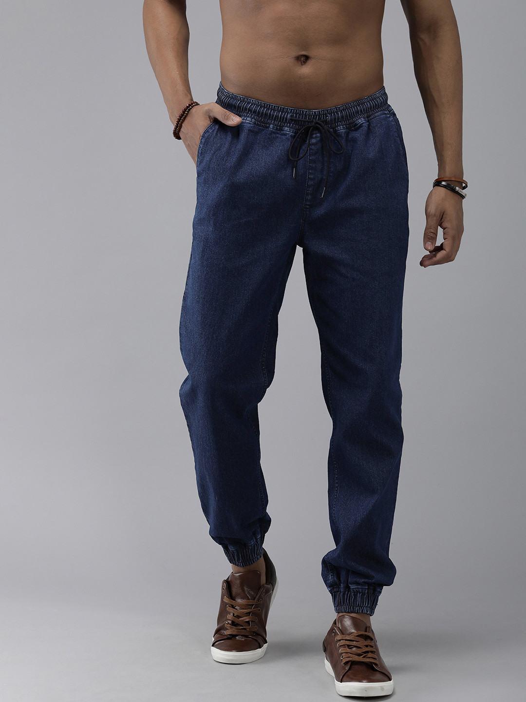 Buy Roadster Men Navy Blue Solid Slim Fit Stretchable Denim Joggers ...