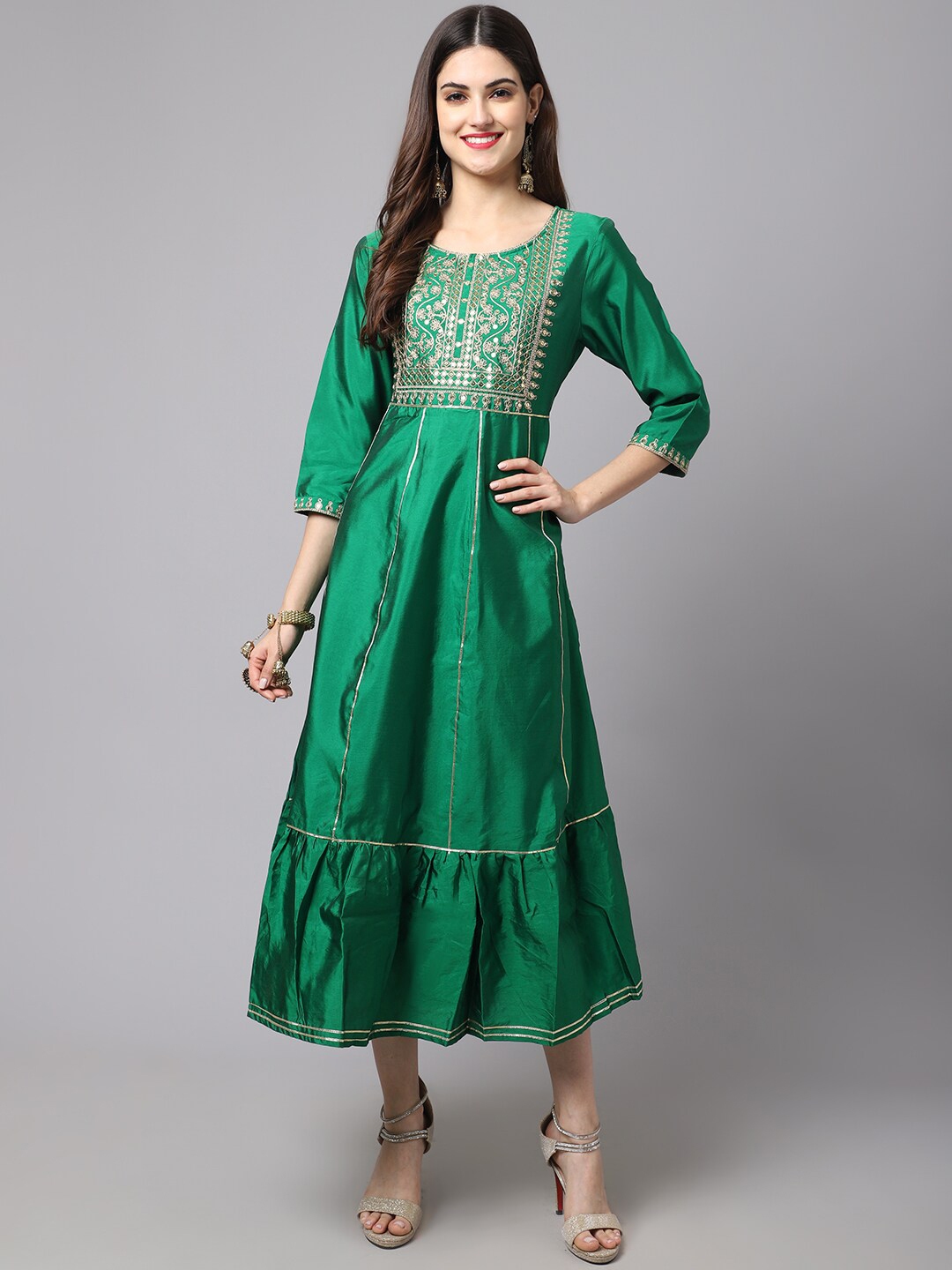 Buy ANAISA Women Green & Gold Toned Ethnic Motifs Embroidered Silk Fit & Flare Dress - Dresses ...