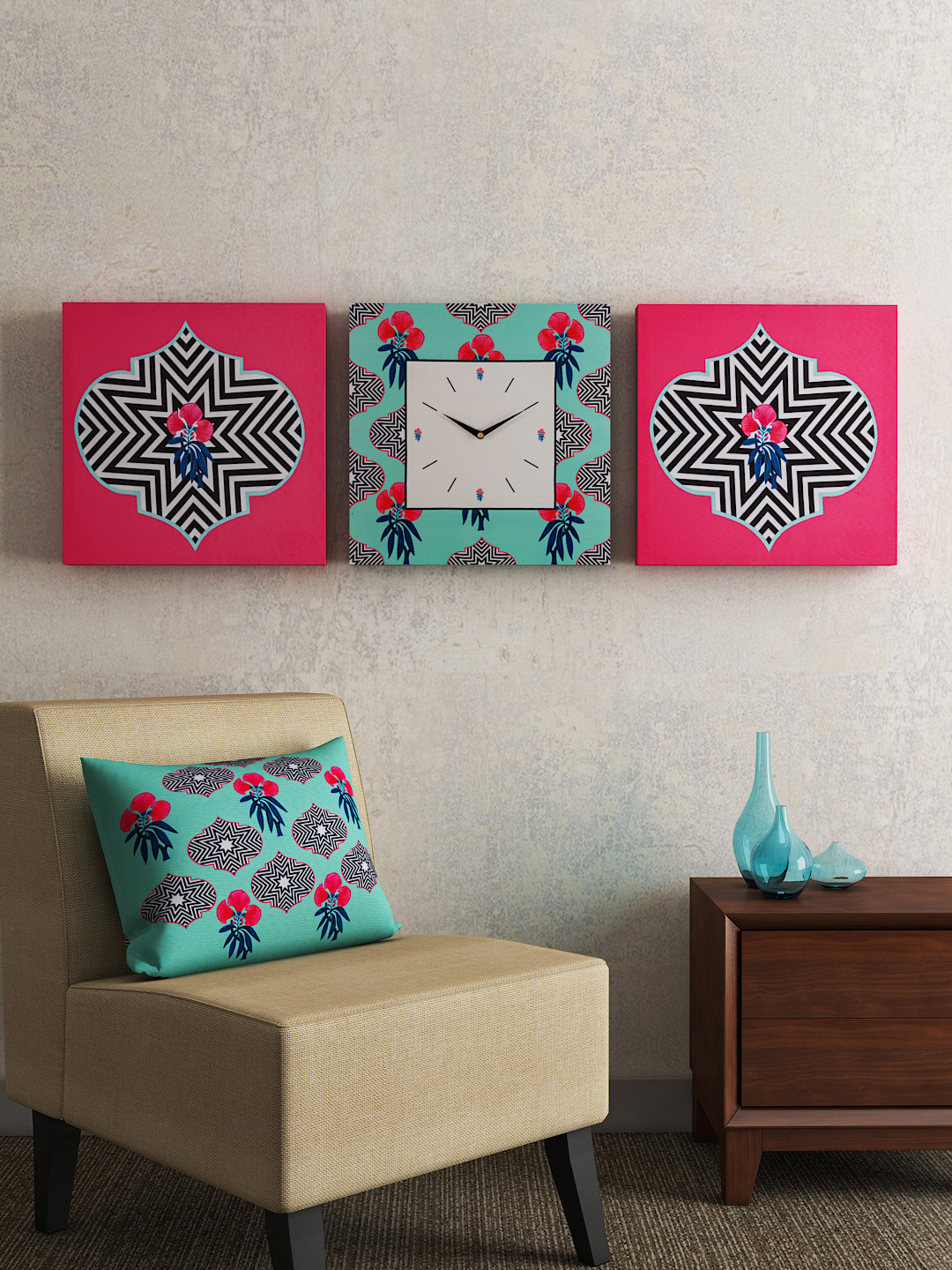 Buy SEJ By Nisha Gupta Set Of 2 Wall Art And 1 Square 35.5 Cm Analogue