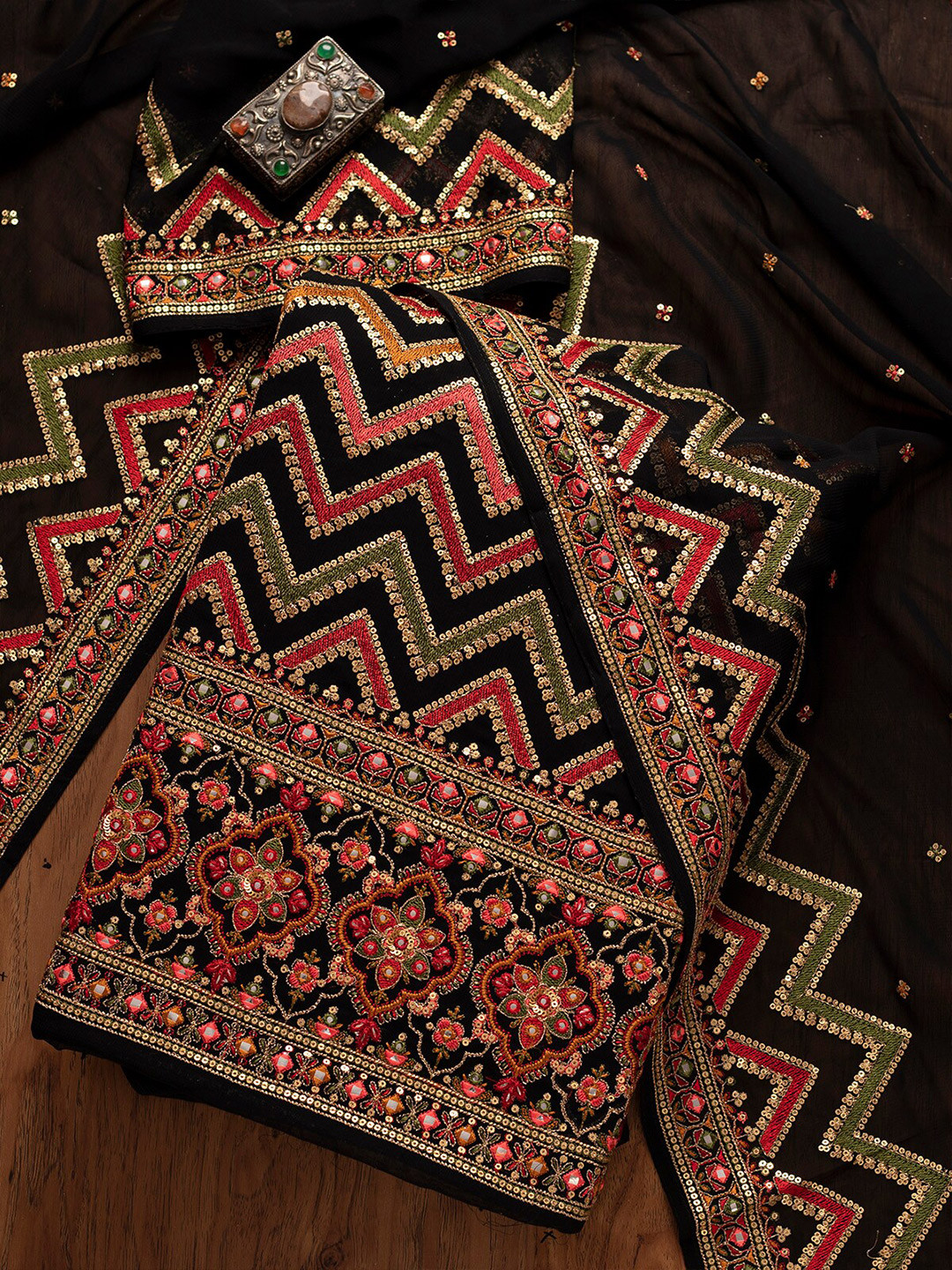 Buy Koskii Black & Red Embroidered Unstitched Dress Material Dress Material for Women 19715250