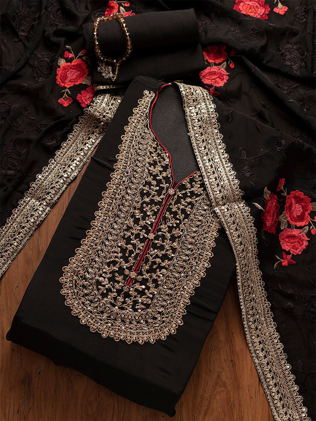 Buy Koskii Black & Red Embroidered Unstitched Dress Material Dress