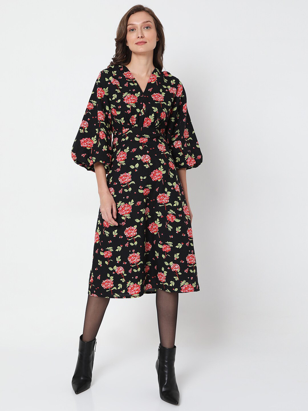 Buy Vero Moda Black & Pink Floral Empire Dress Dresses for Women