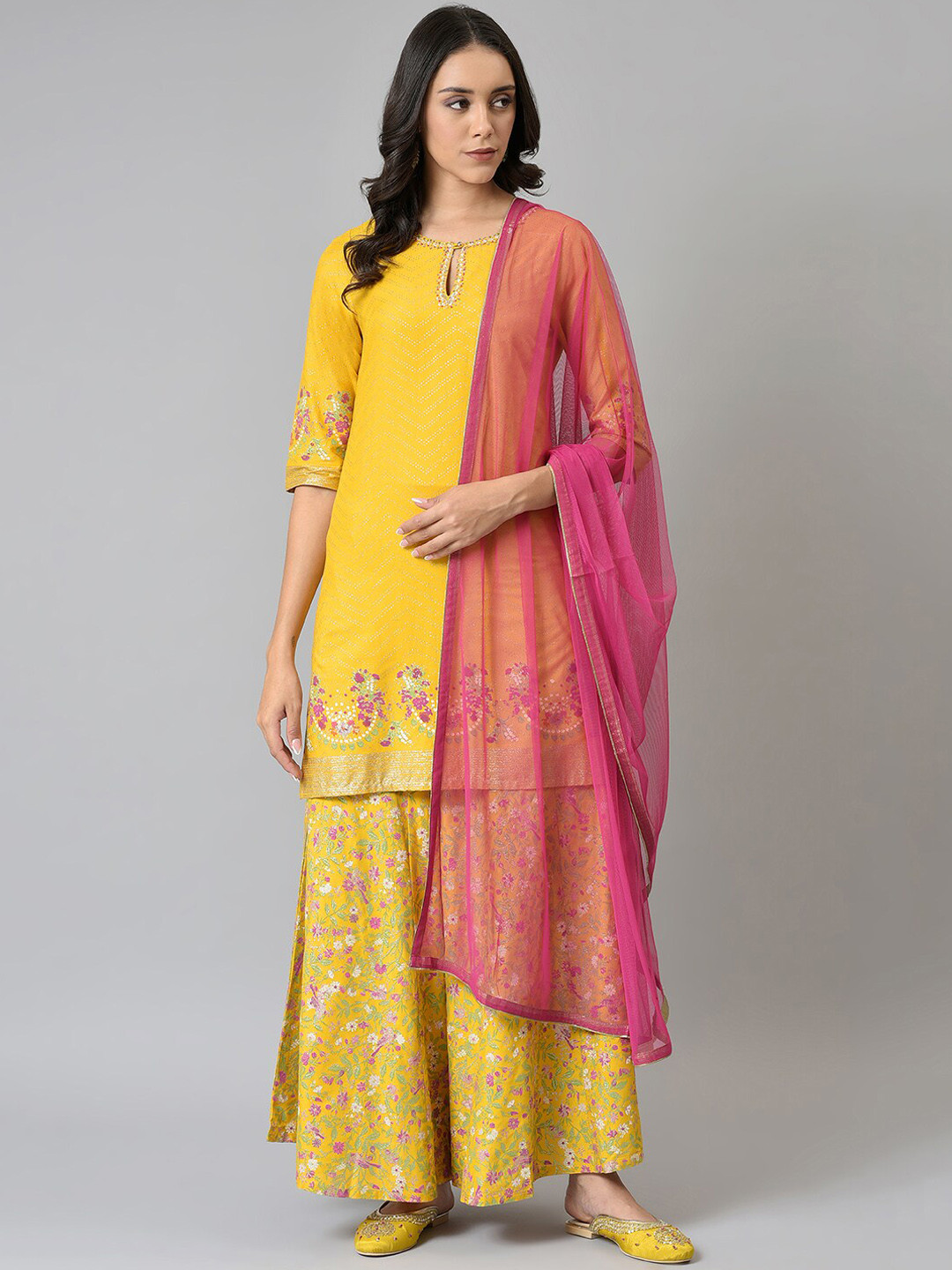 Women Navy Blue & Mustard Yellow Solid Kurta With Palazzos & Dupatta main image 0
