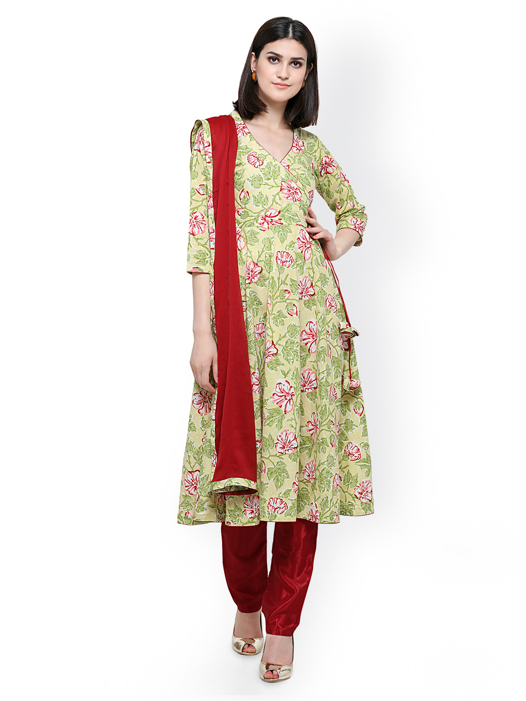 Buy Inddus Green & Maroon Pure Cotton Unstitched Dress Material Dress