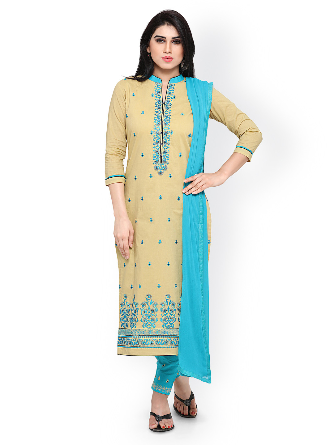 Buy Kvsfab Beige & Blue Pure Cotton Unstitched Dress Material Dress Material for Women 1972235