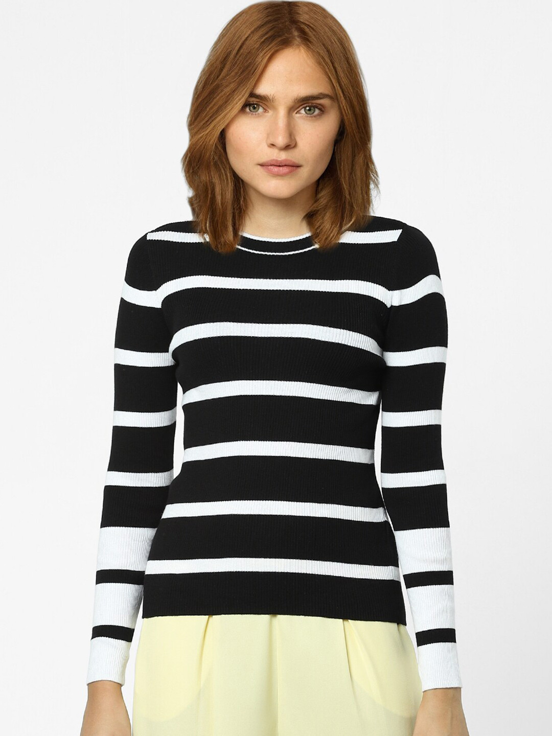 Elegant Black and White Striped Pullover Sweater for Women