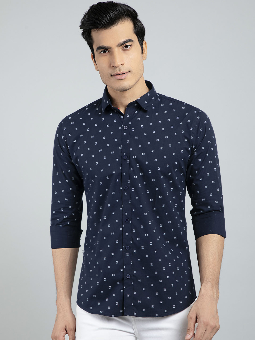 Men Navy Blue Classic Printed Formal Shirt