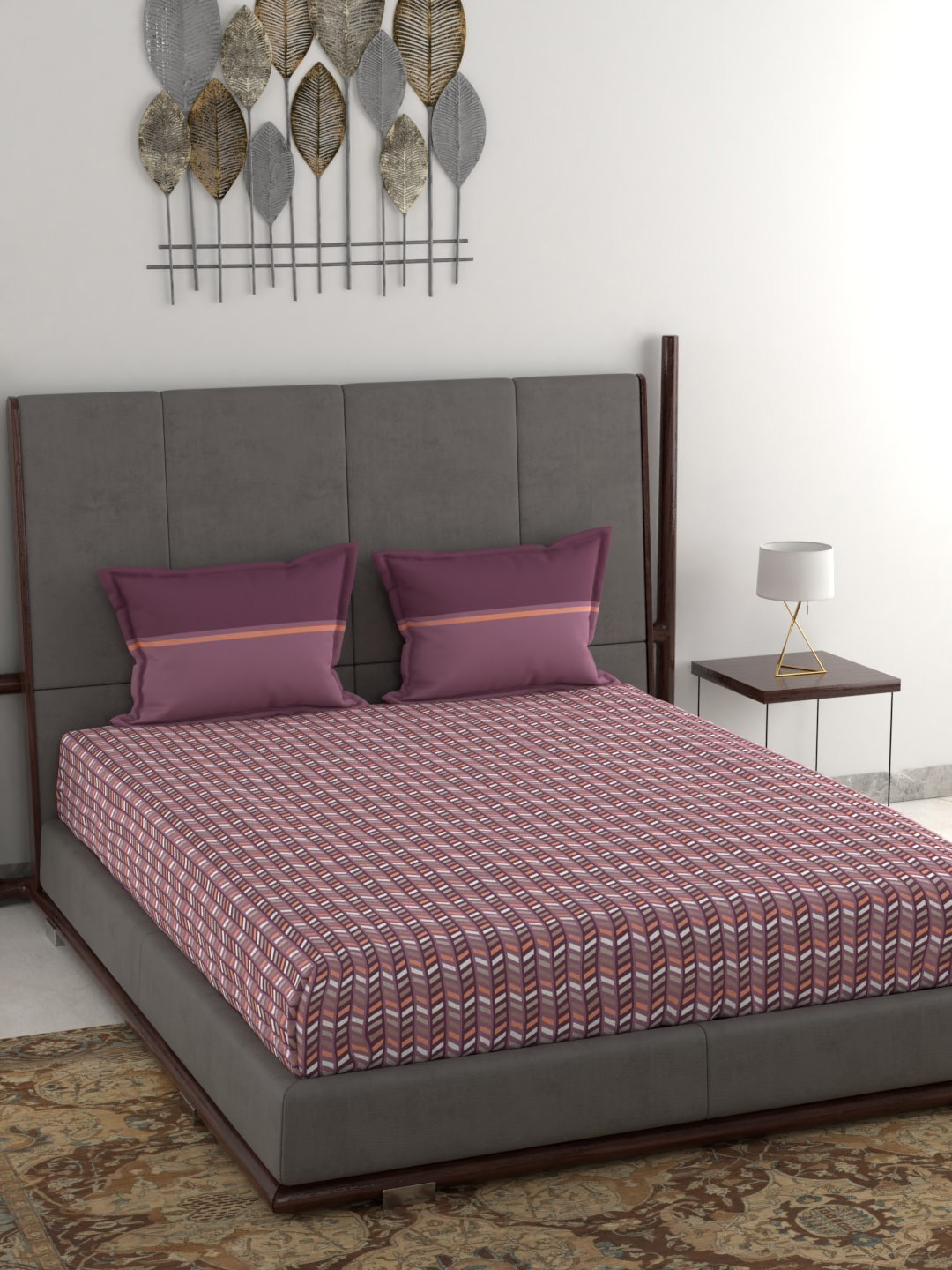 Buy MYTRIDENT Mauve White Geometric 120 TC Queen Bedsheet With 2 Pillow