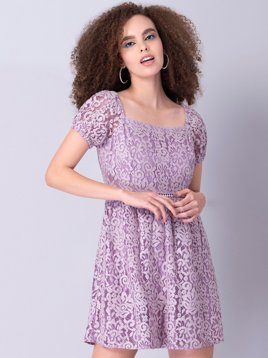 Multicolour Floral Print Contrast Ribbon Bow Lace Trim Square Neck Mini Dress
