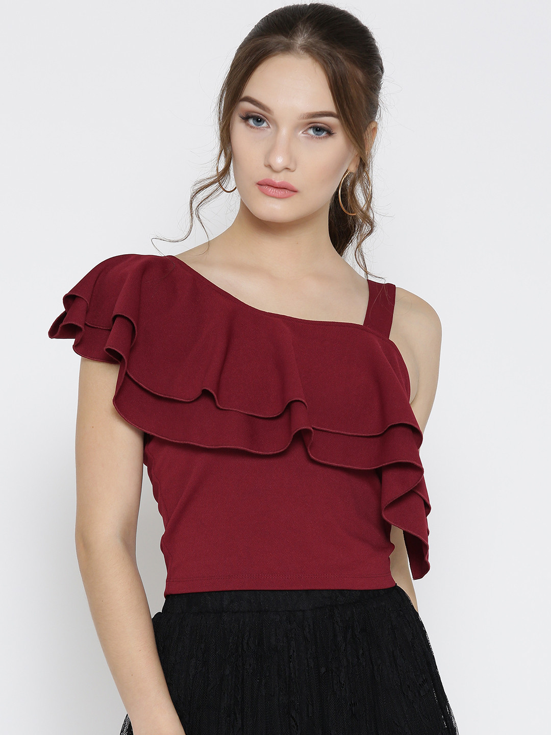 Buy Veni Vidi Vici Women Maroon Solid One Shoulder Fitted Crop Top