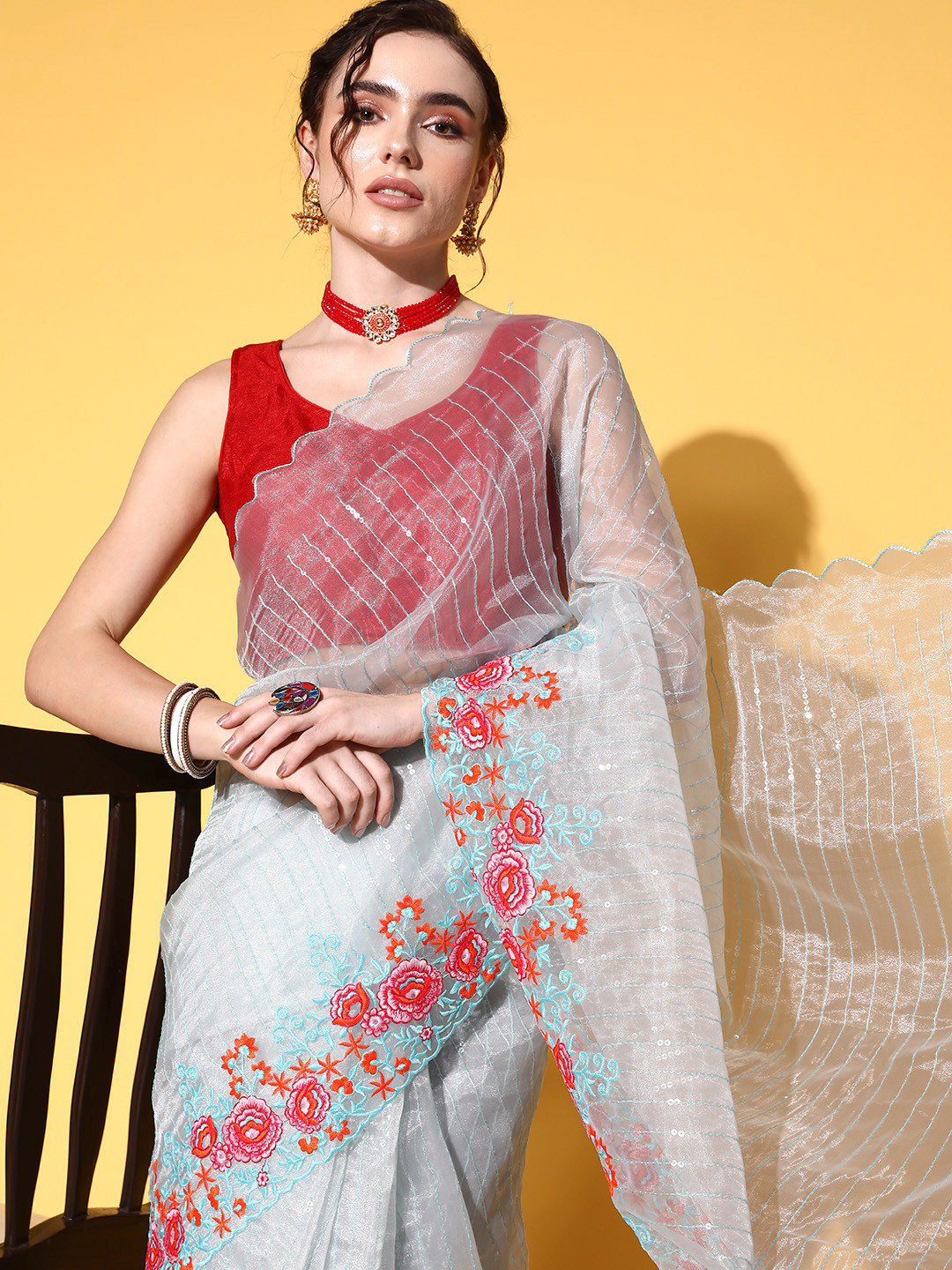 ISHIN Women Embroidered Shirt Collar Shirt And Trouser