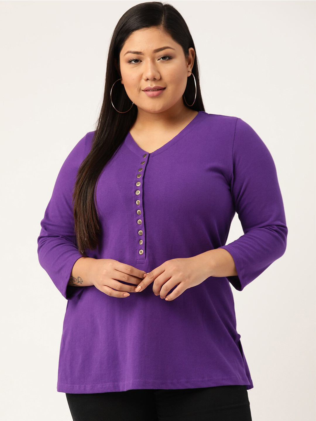 Buy TheRebelinme Women Plus Size Purple V Neck Pure Cotton T Shirt ...