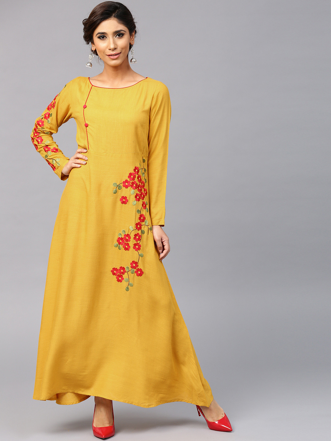 Buy AKS Women Mustard Yellow Embroidered A Line Kurta Kurtas for