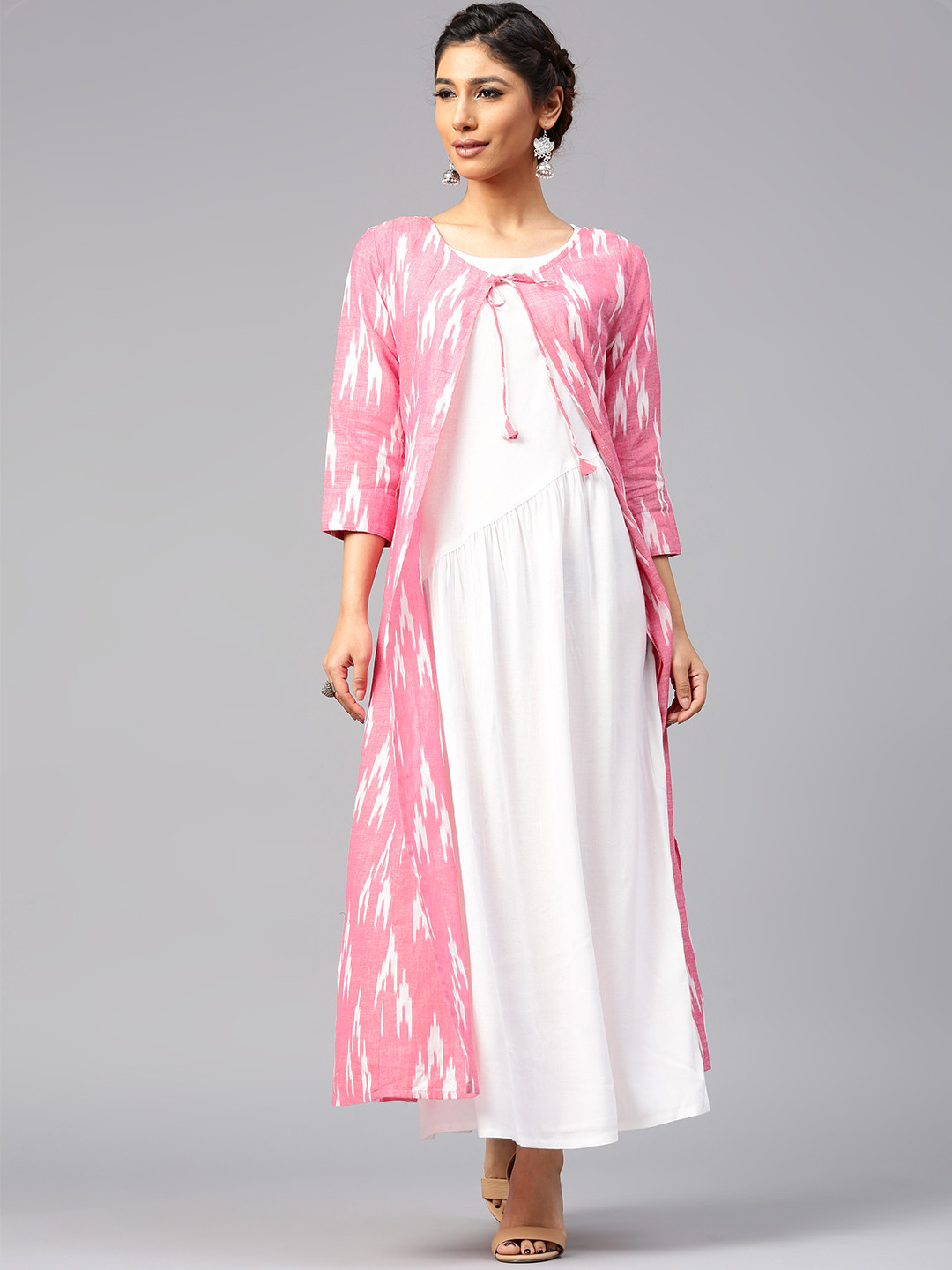 Buy AKS Women Pink & White Ikat Self Design Longline Ethnic Jacket