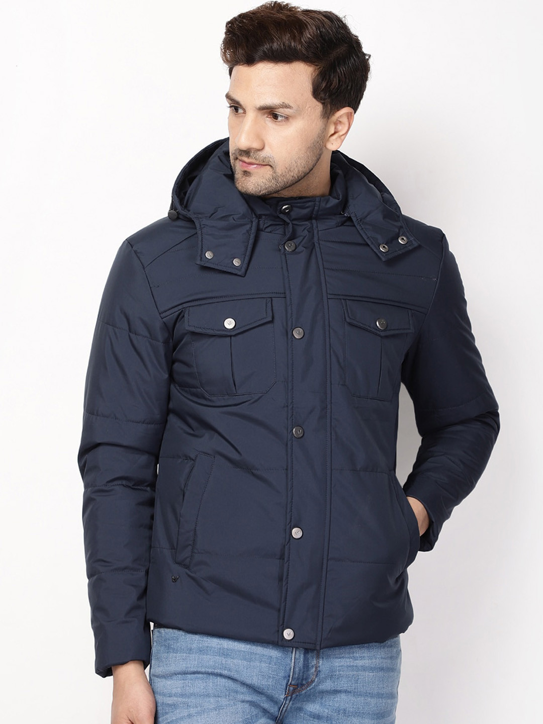 Buy Blackberrys Men Navy Blue Solid Polyester Padded Jacket Jackets