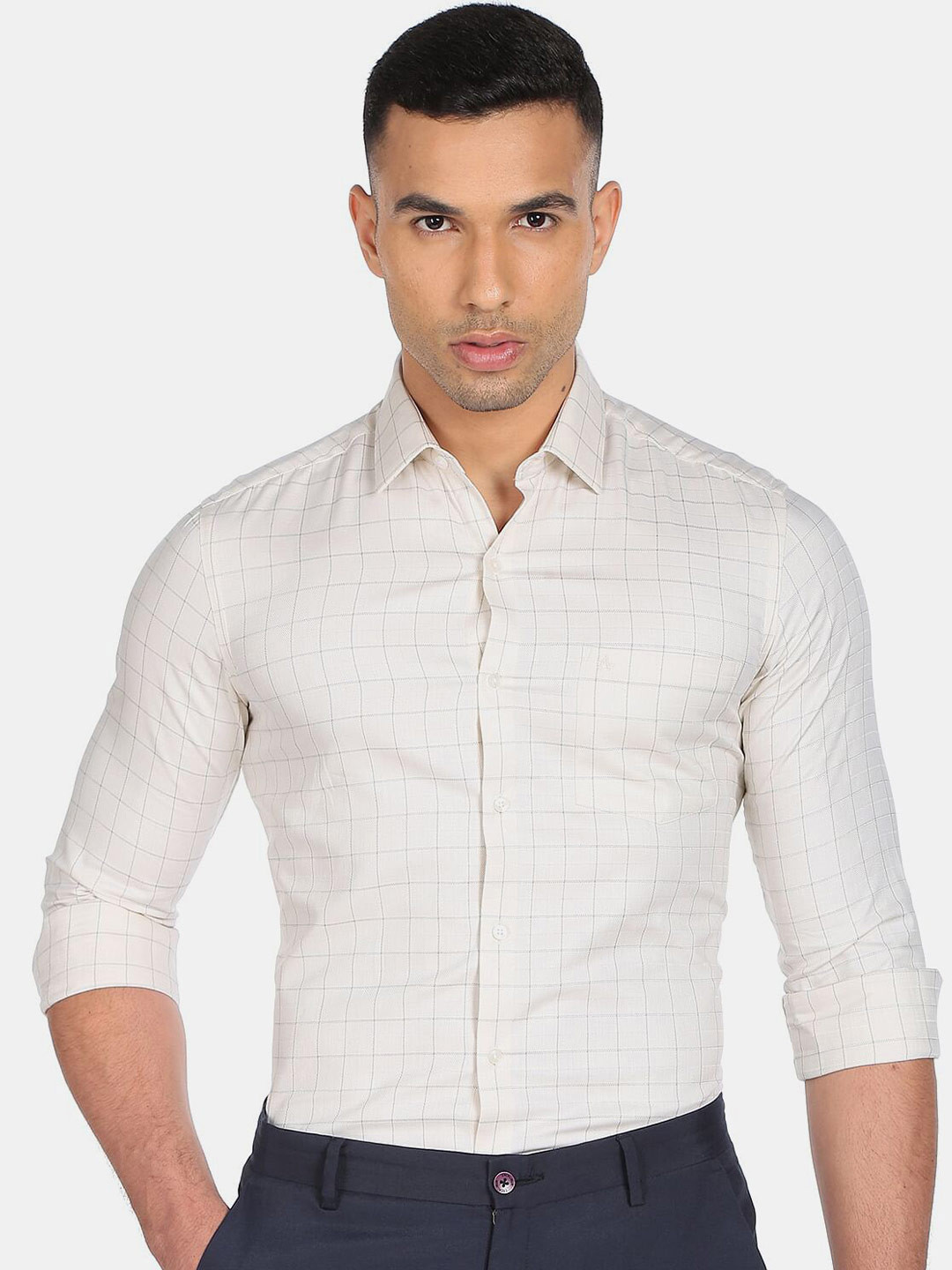 Men's Yellow Standard Slim Fit Windowpane Checked Cotton Casual Shirt