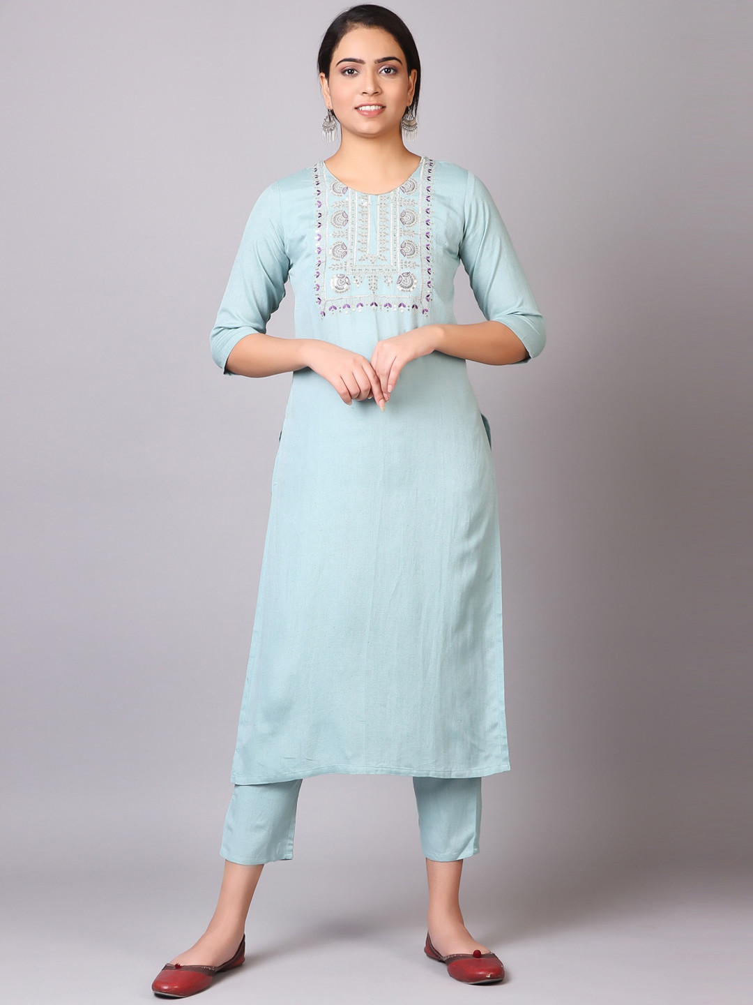 Buy V TRADITION Women Blue Floral Yoke Design Kurta Set - Kurta Sets ...