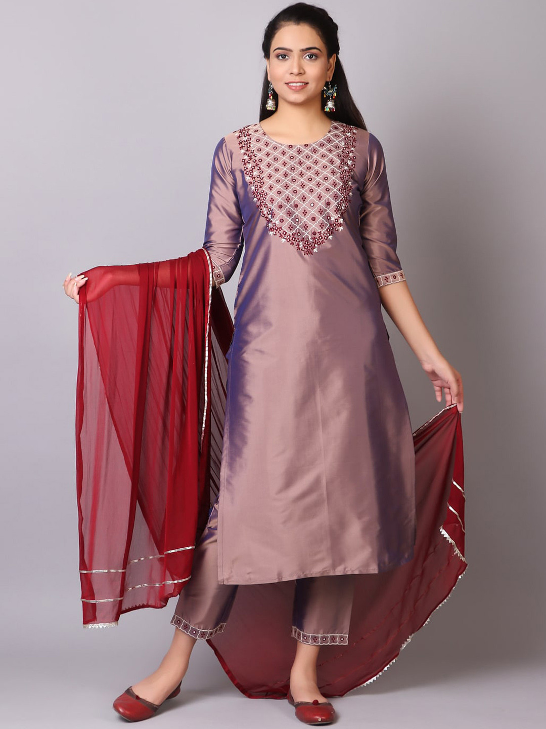 Women Yoke Design Regular Kurta with Trousers & With Dupatta