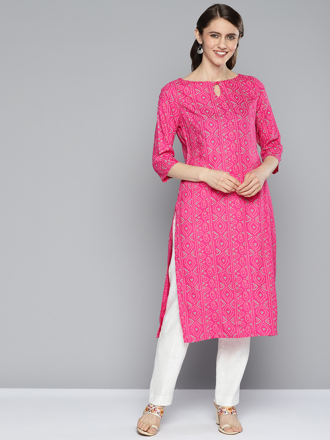 Women Pink Bandhani Printed Tie-up Kurta