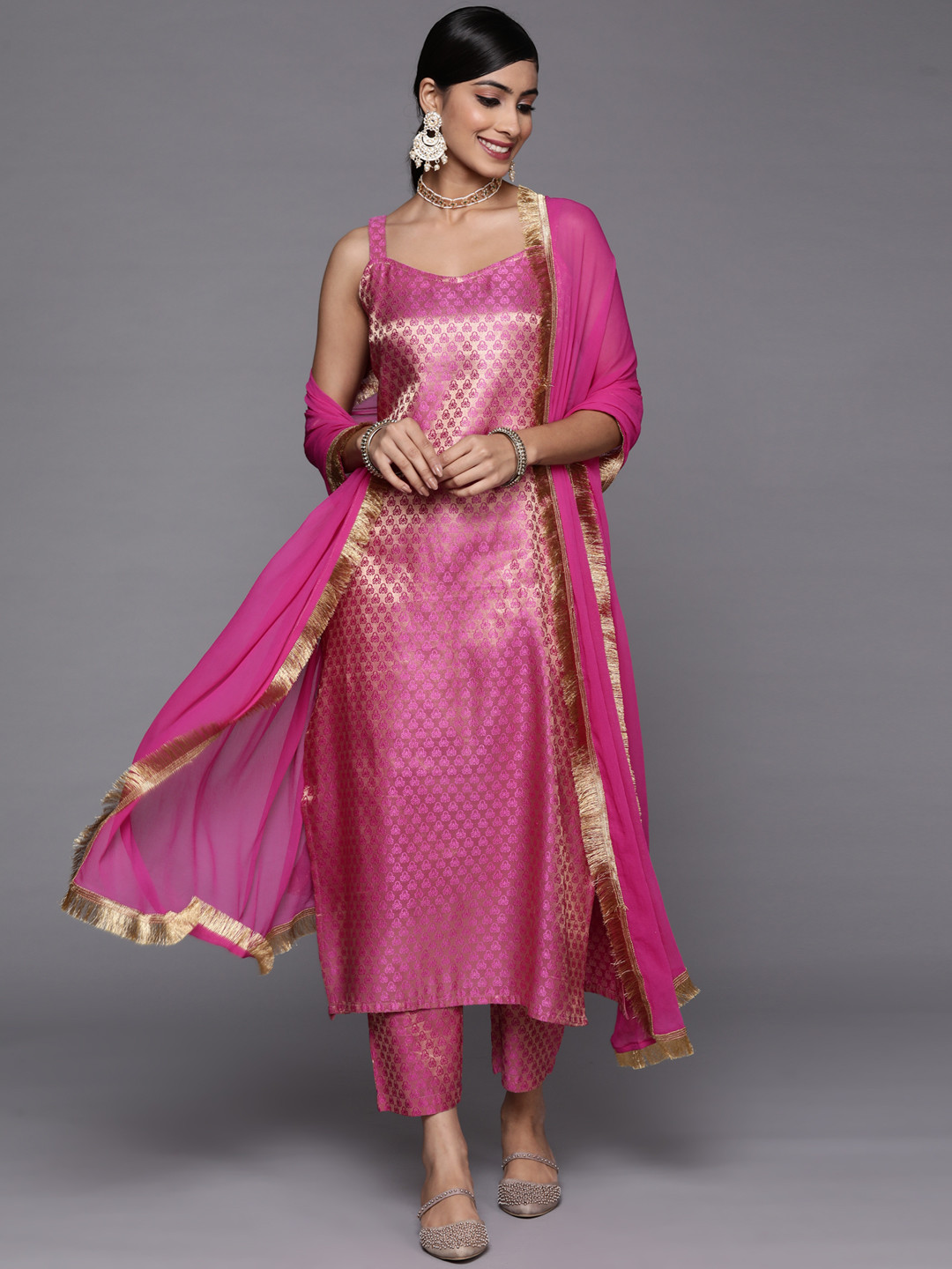 Women Dola Jacquard Fuchsia Woven Kurta Comfort Pant Dupatta