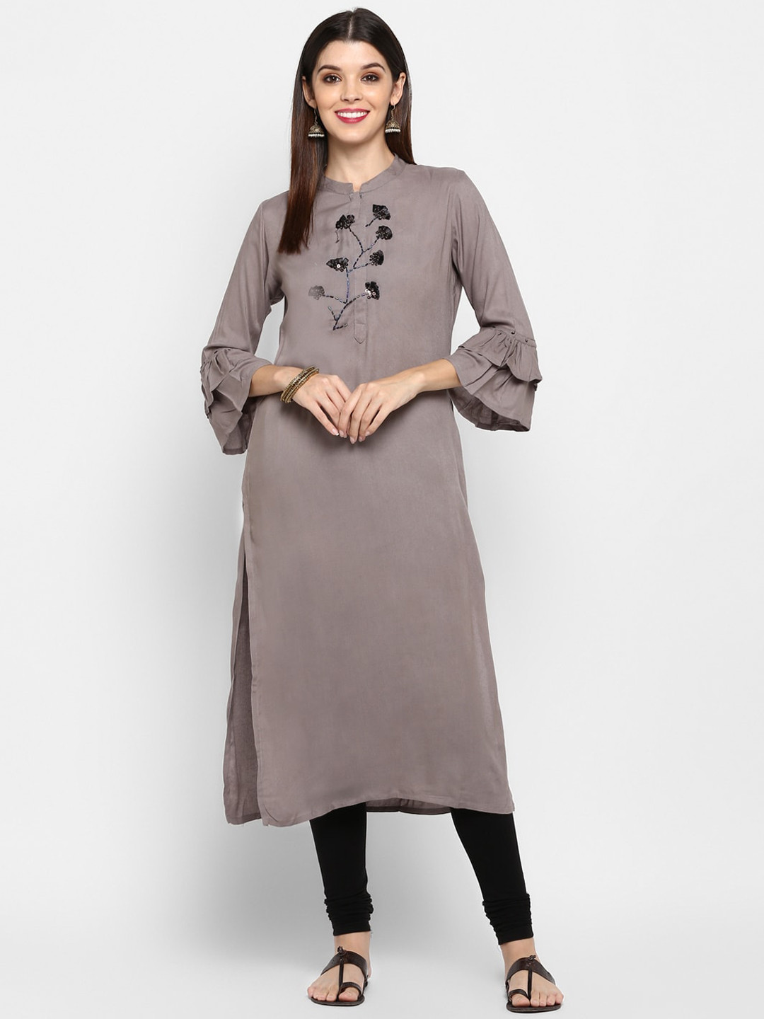 Buy KALINI Women Grey Embroidered Flared Sleeves Kurta Kurtas for
