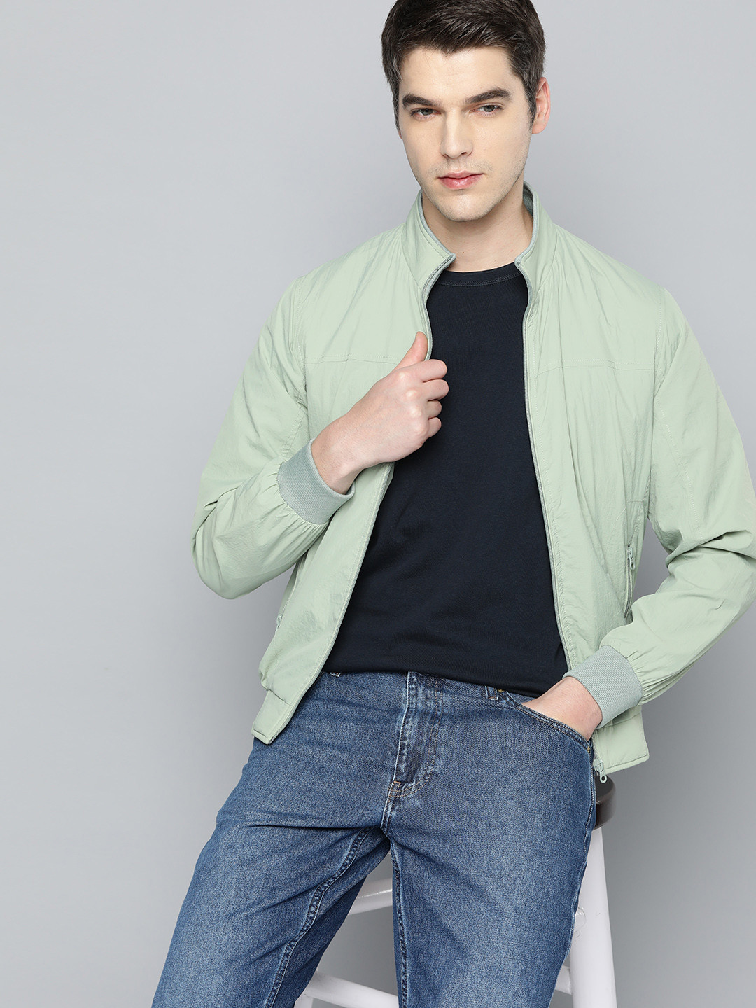 Buy Ether Men Mint Green Solid Mock Collar Bomber Jacket - Jackets for ...