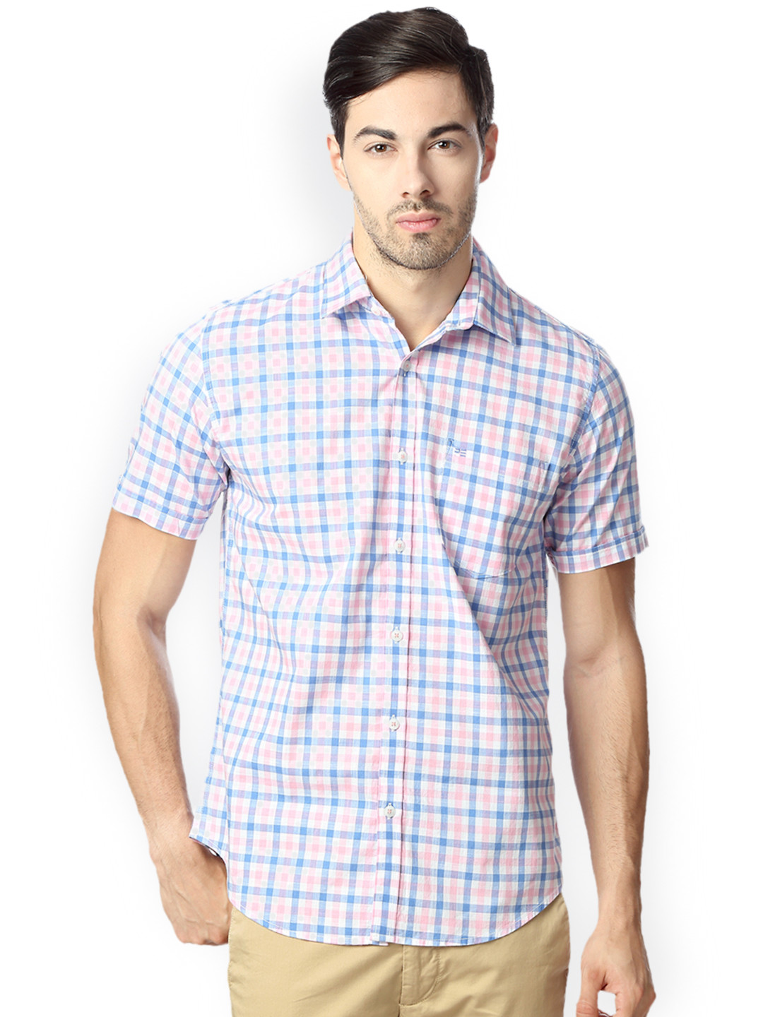 Buy Peter England Men Pink & Blue Slim Fit Checked Casual Shirt