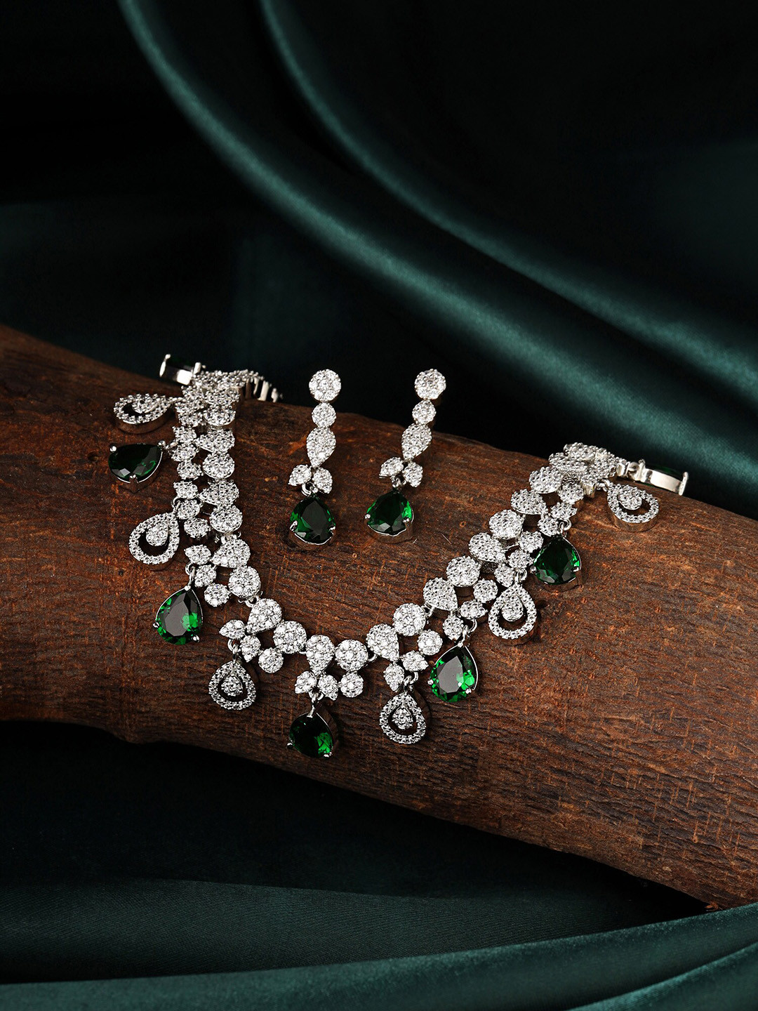 Buy Yellow Chimes Rhodium Plated AD/American Diamond Studded Green Crystal Jewellery Set