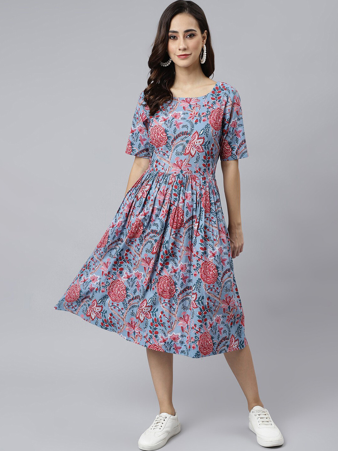 Ekisha's women blue multicolor floral designer printed pure cotton midi dress