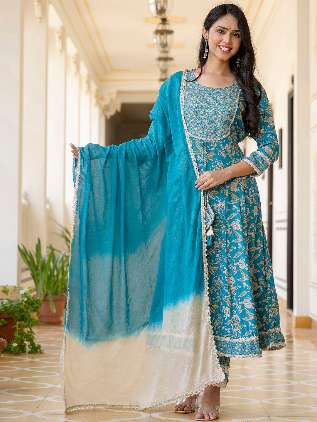 Women's Peach Floral Printed Gotta Patti Kurta Sets with Palazzos