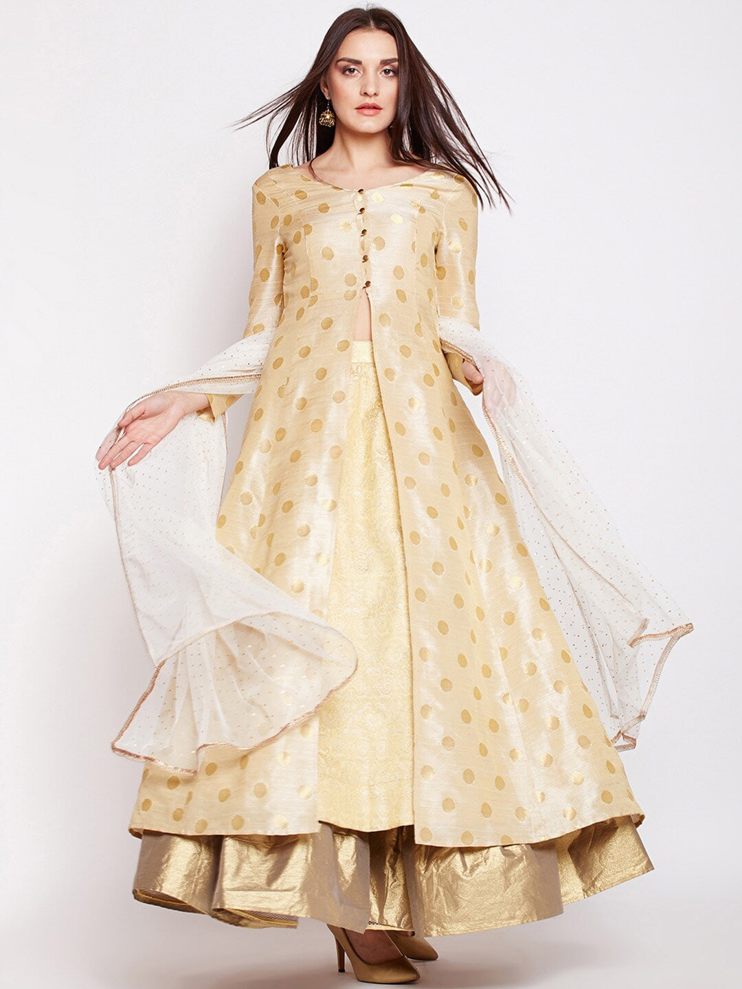 Women Beige Printed Sleevless Cotton Anarkali Kurta With Front Open Low High Kurta main image 0