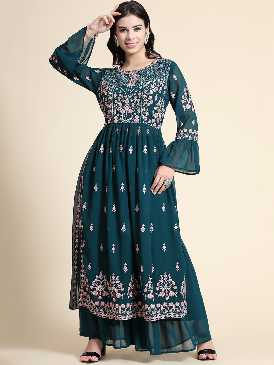 Mustard Green Floral Embroidered Kurta with Palazzo Set | Sequin & Pearl Work