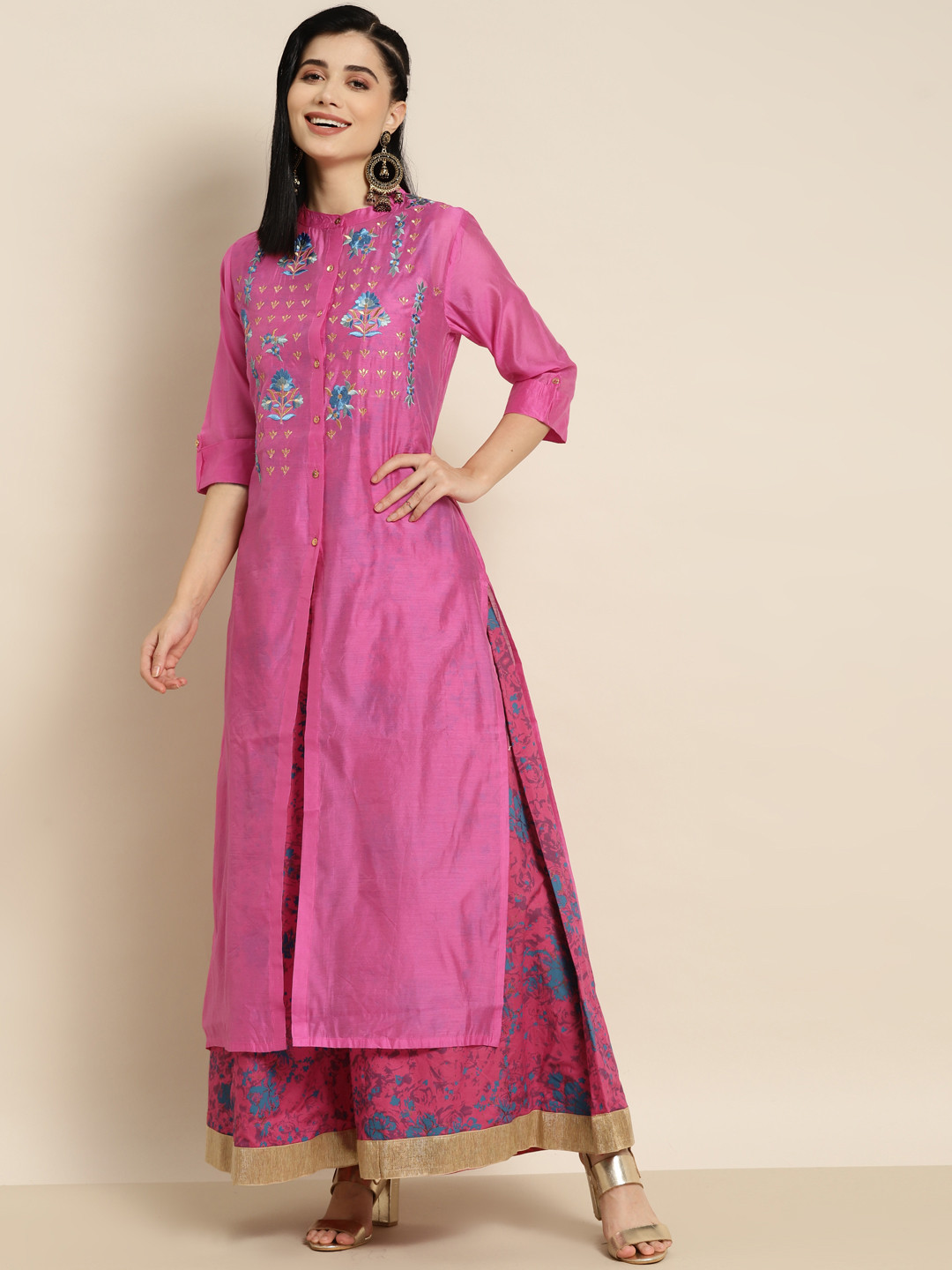 Buy Juniper Fuchsia Embroidered Chanderi Silk Layered Maxi Ethnic Dress