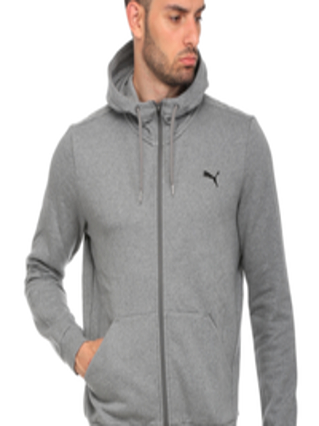 Buy Puma Men Grey Melange ESS FZ Solid Hooded Sporty Track Jacket ...