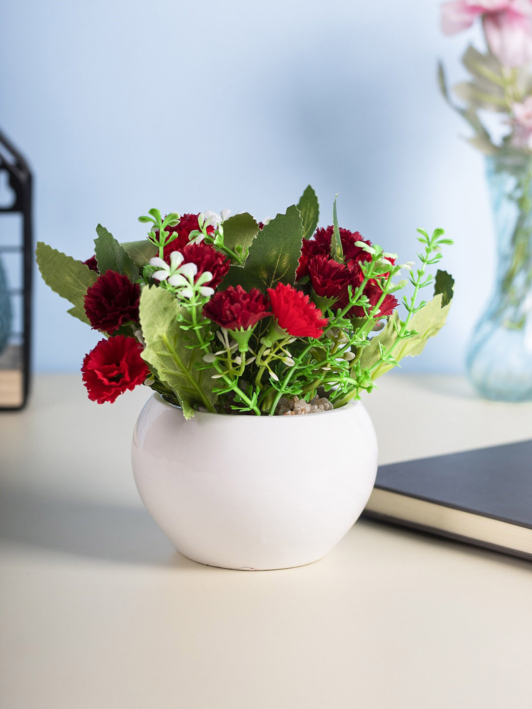 Buy MARKET99 White & Red Solid Artificial Flowers With Pot Artificial