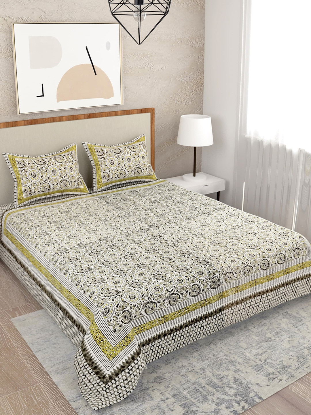 Buy Salona Bichona Yellow & Green Floral 120 TC Queen Bedsheet With 2