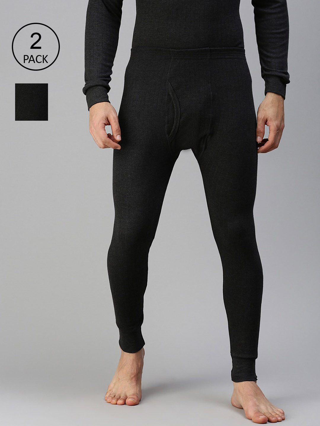 Buy LUX PARKER Men Pack Of 2 Black Solid Cotton Thermal Bottom