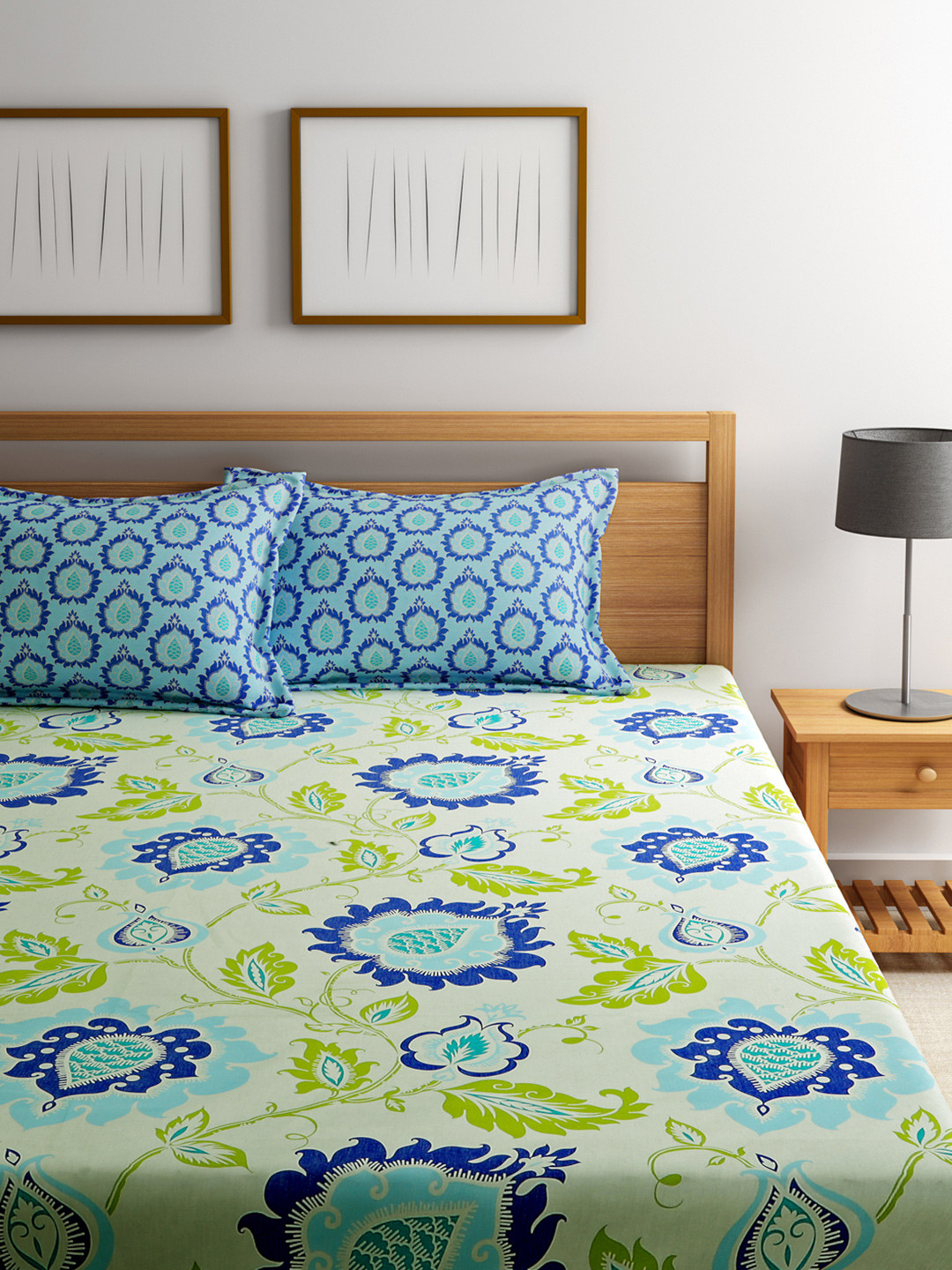 Buy MYTRIDENT Blue Green Double 120 TC Bedsheet With 2 Pillow Covers