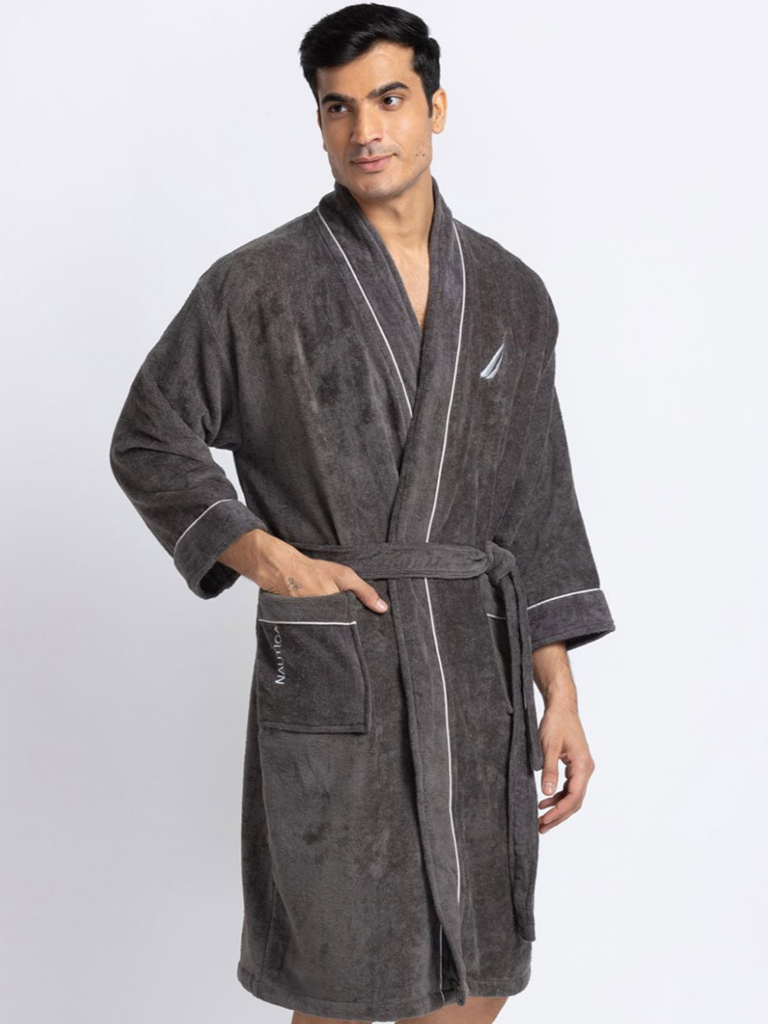Buy Nautica Men Grey Solid Cotton Bath Robe Bath Robe for Men