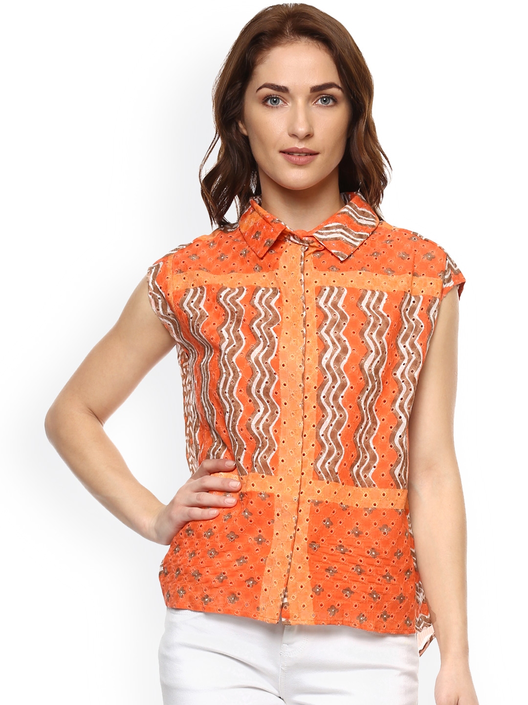 Buy Label Ritu Kumar Women Orange Printed Shirt Style Top - Tops for ...