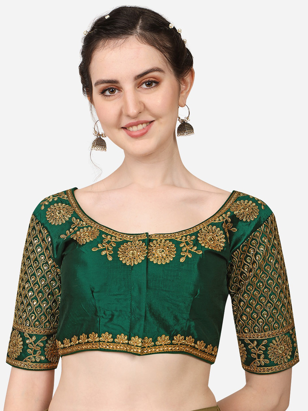 Buy PUJIA MILLS Green & Gold Coloured Embroidered Saree Blouse Saree