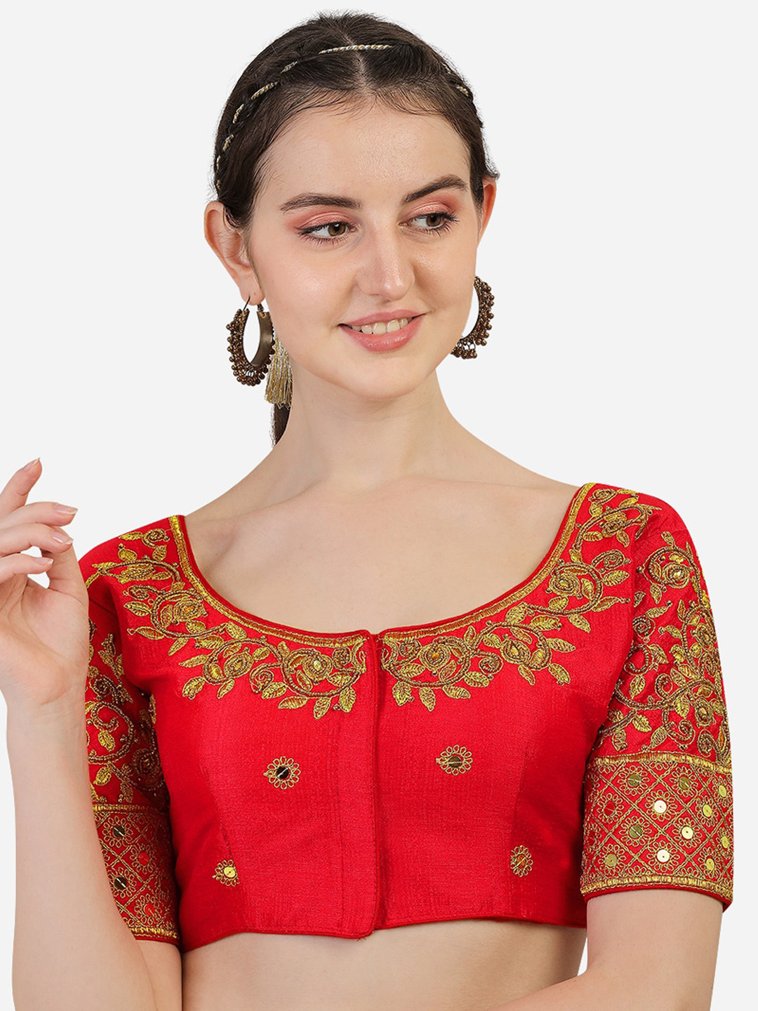 Buy PUJIA MILLS Red & Gold Coloured Embroidered Saree Blouse Saree