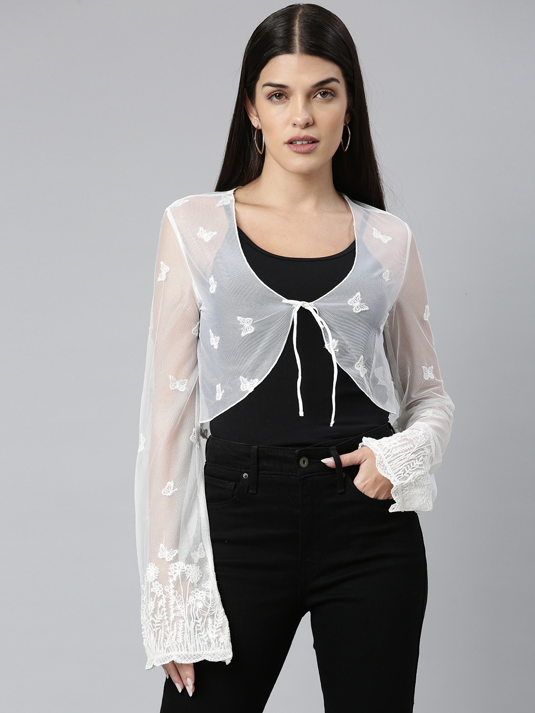 Buy ANI Women White Embroidered Crop Tie Up Shrug Shrug for Women