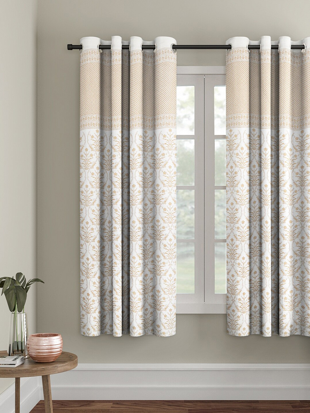 Buy Rajasthan Decor White & Gold Toned Floral Print Window Curtain