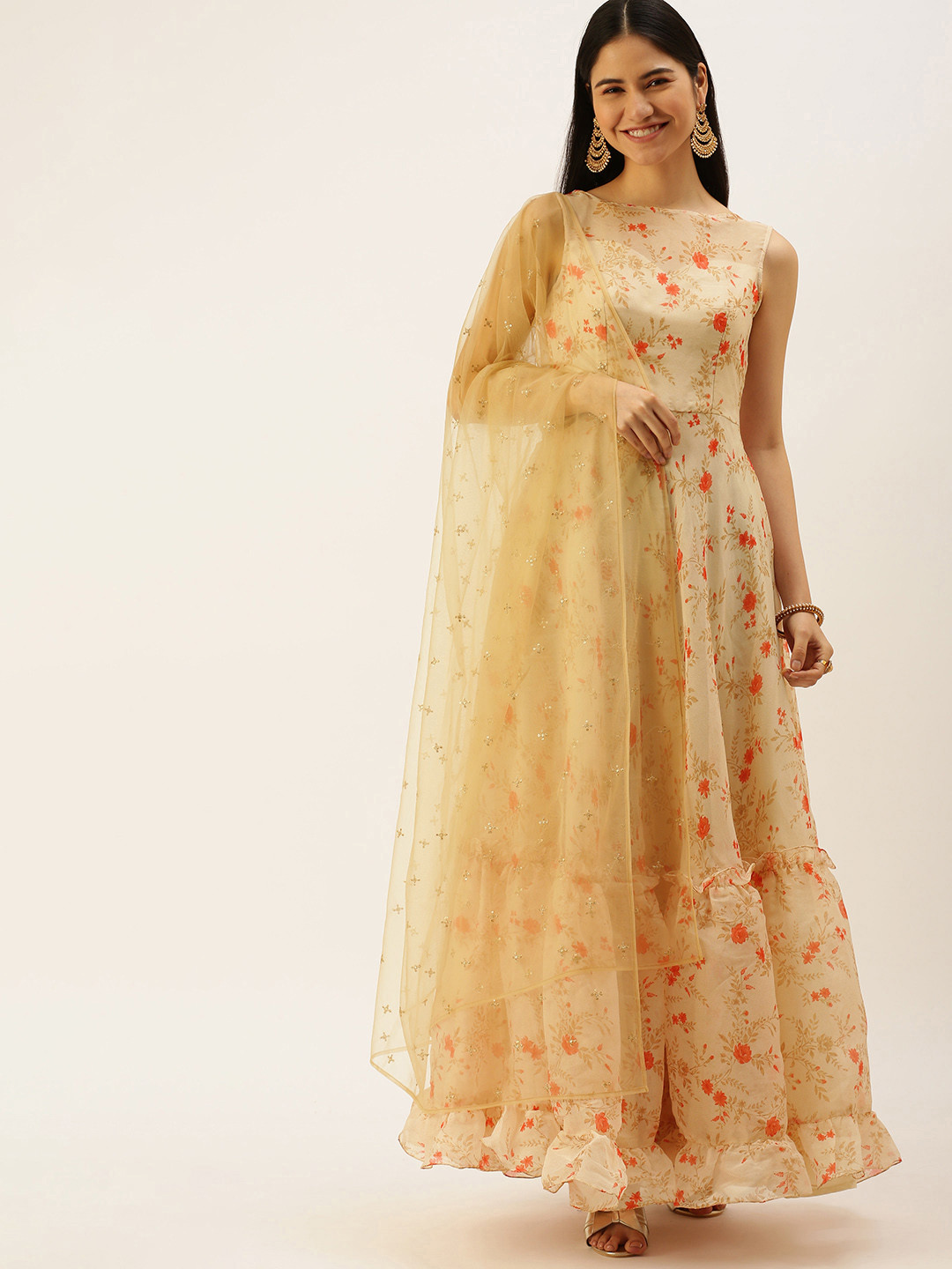 Girl Floral Hemming Kurta Set - Beige