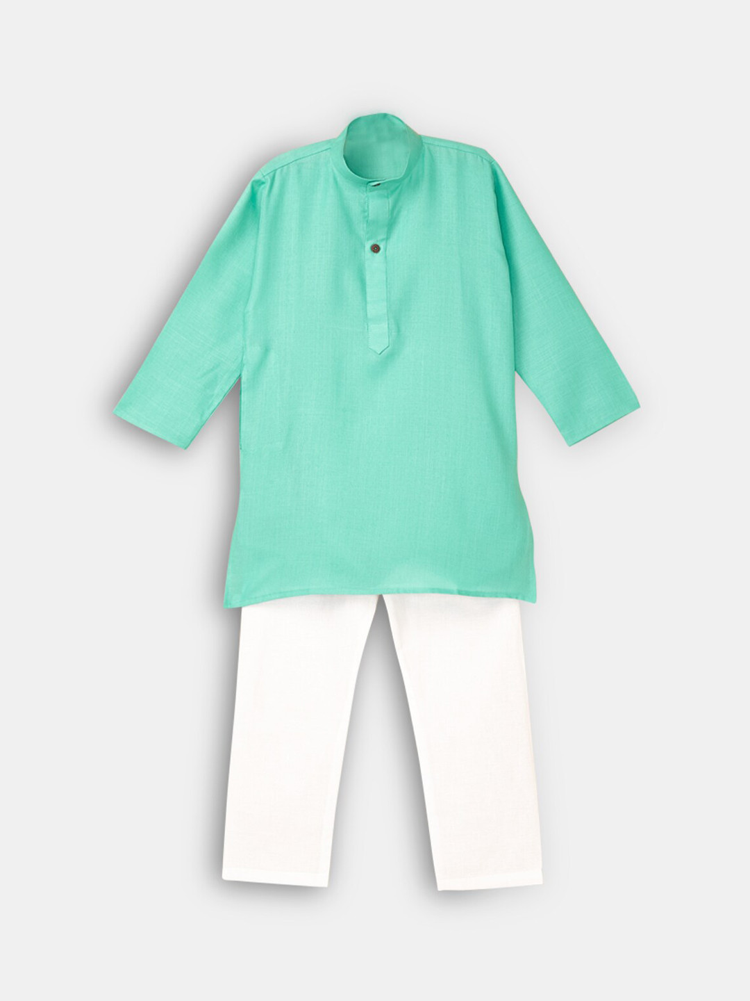 Boys Dark Green Full Sleeves Cotton Kurta with Pyjama Pant Combo featuring an Embellished Neckline