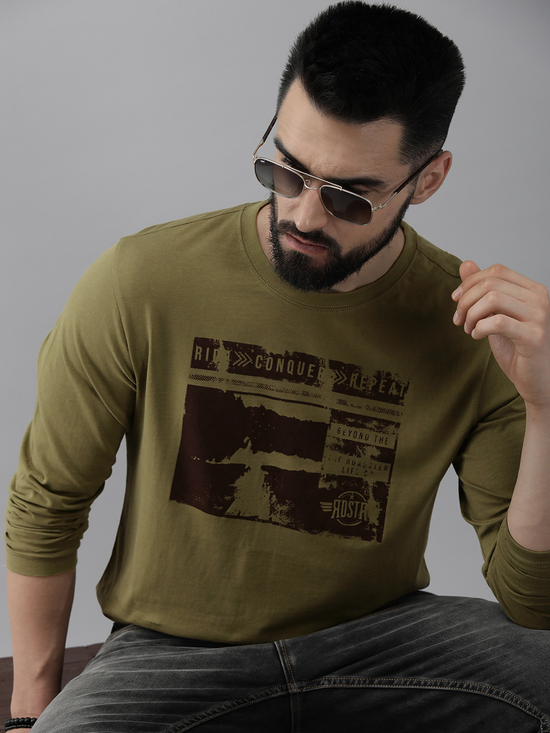 Men's Olive Graphic Printed Cotton Sweatshirt