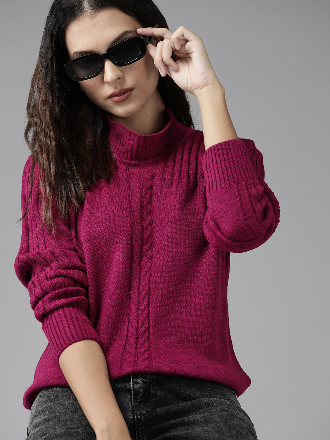 Buy Roadster Women Magenta Cable Knit Acrylic Pullover Sweaters for