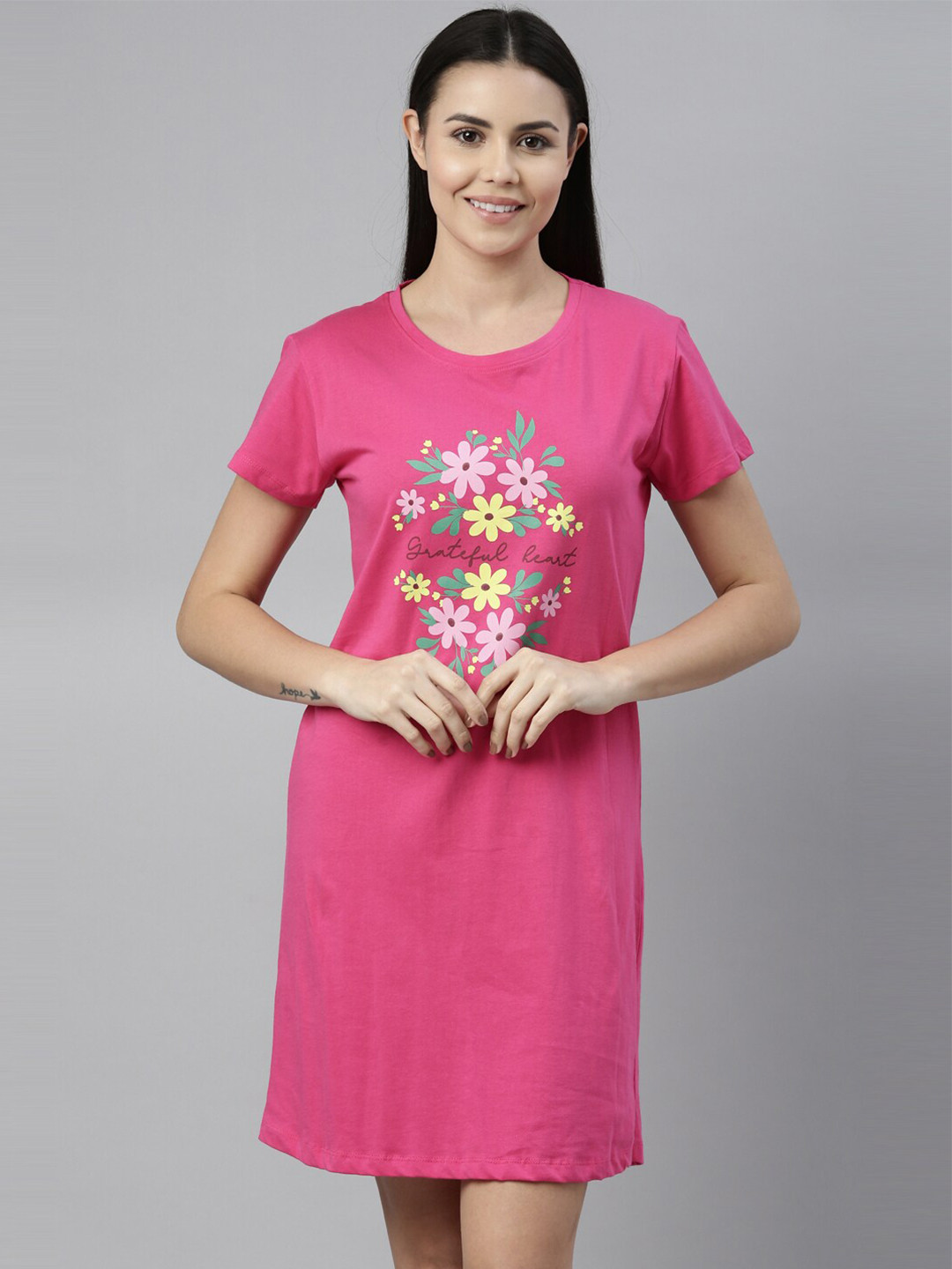 Buy Curare Fuchsia Printed Pure Cotton T Shirt Nightdress Nightdress