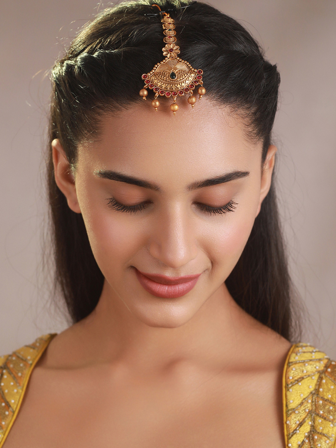 Buy Priyaasi Gold Plated & Pink Kundan Studded & Pearls Beaded Maang